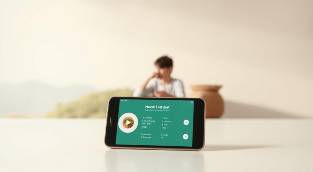 A serene, minimalist scene depicting the Noom diet approach. In the foreground, a smartphone or tablet displaying the Noom app interface, its intuitive design and color palette conveying a sense of simplicity and balance. In the middle ground, a person seated comfortably, deep in thought, reflecting on their progress and mindful eating habits. The background is a tranquil, natural setting, with soft lighting and muted tones, evoking a sense of calm and introspection. The overall atmosphere suggests a psychology-first approach to weight loss, where the focus is on behavior change and sustainable lifestyle adjustments, rather than rigid rules or restrictions.