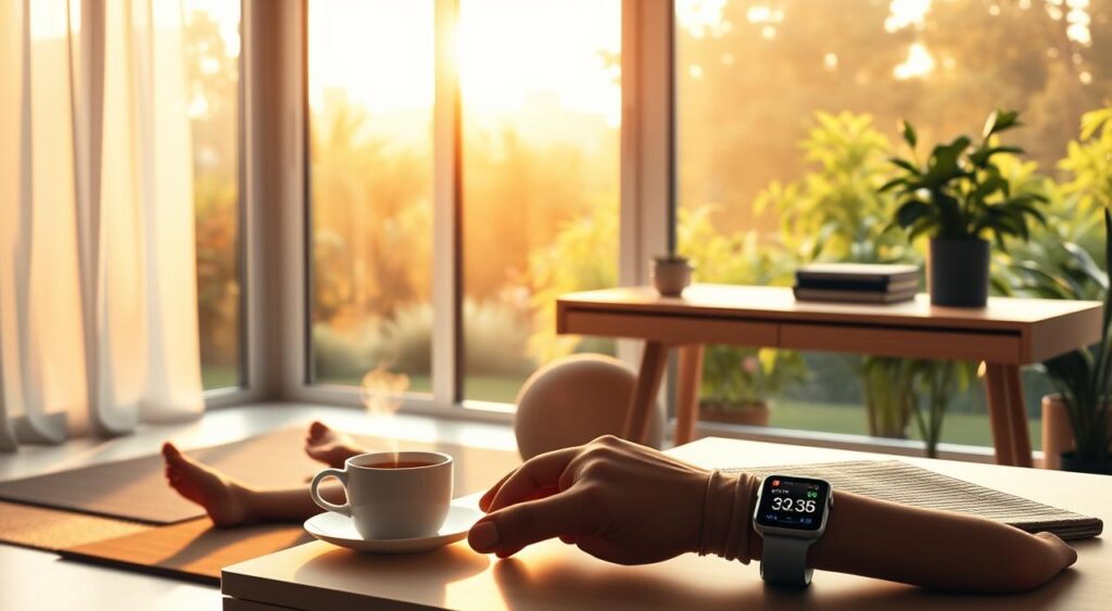 A serene morning scene showcasing the benefits of a consistent routine. In the foreground, a person performs gentle yoga poses on a mat, their expression calm and focused. The middle ground features a minimalist desk with a cup of steaming tea, a journal, and a smartwatch displaying health metrics. In the background, large windows overlook a lush, verdant garden bathed in warm, golden morning light. An atmosphere of tranquility, productivity, and self-care pervades the scene, conveying the holistic advantages of a mindful morning routine.