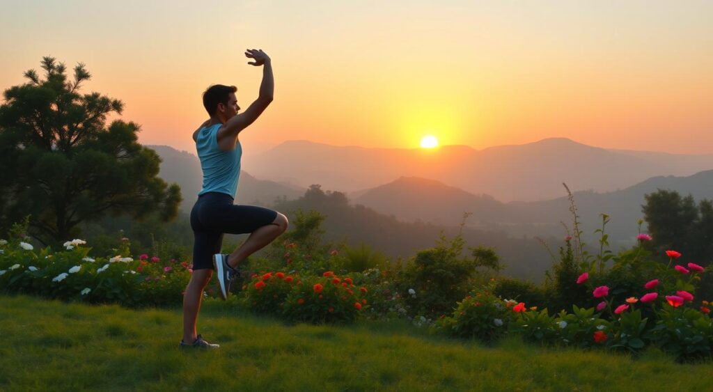 A serene outdoor scene of a person performing a series of morning exercises against the backdrop of a picturesque landscape. The foreground depicts a fit individual in athletic attire, mid-stride in a dynamic yoga pose, their movements graceful and fluid. The middle ground showcases a lush, verdant garden with vibrant flowering plants, creating a tranquil and rejuvenating atmosphere. The background features a warm, golden sunrise peeking over rolling hills, casting a soft, diffused light that gently illuminates the scene. The overall composition conveys a sense of balance, harmony, and the invigorating power of morning exercise amidst the beauty of nature.