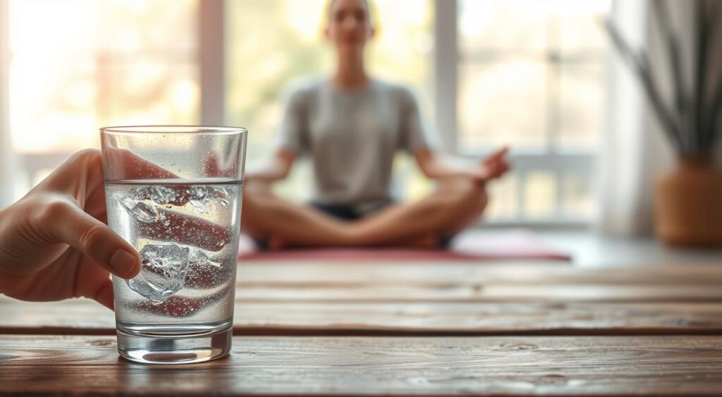 A serene scene of a person staying hydrated during a fasting period. In the foreground, a glass of clear, cool water rests on a wooden table, condensation glistening on the surface. Hands reach towards the glass, the fingers long and slender. In the middle ground, a person sits cross-legged, eyes closed in meditation, their face radiating a sense of calm and focus. The background is softly blurred, hinting at a peaceful, natural setting - perhaps a sun-dappled garden or a tranquil indoor space. The lighting is soft and diffused, creating a warm, contemplative atmosphere. The overall mood is one of mindfulness, self-care, and the importance of nourishing the body during periods of fasting.