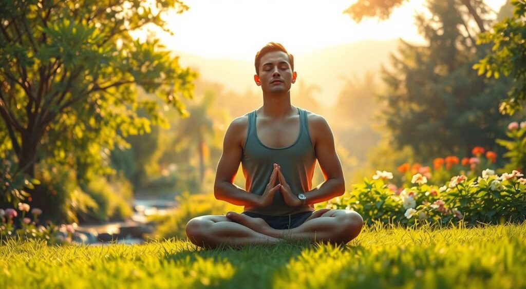 A serene, sun-dappled scene of a person meditating in a lush, verdant garden. The foreground features the cross-legged figure, eyes closed, hands resting peacefully on their lap, exuding an aura of tranquility and focus. The middle ground showcases vibrant, flourishing greenery - swaying trees, blooming flowers, and a babbling brook. The background depicts a hazy, golden-hued horizon, suggesting the calming, restorative effects of intermittent fasting on inflammation and overall well-being. Soft, diffused lighting illuminates the scene, creating a soothing, contemplative atmosphere. The composition evokes a sense of harmony, balance, and the mind-body connection fostered by this healthful practice.