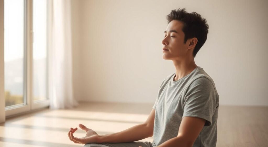 A serene, well-lit interior space with a person sitting in a comfortable meditation pose, their face and expression conveying a sense of profound mental clarity and focus. The lighting is soft and diffused, creating a tranquil, contemplative atmosphere. In the background, a blurred, minimalist landscape or nature scene suggests the calming influence of the natural world. The overall composition evokes a sense of inner peace, mental sharpness, and the rejuvenating effects of fasting on the mind. A serene, well-lit interior space with a person sitting in a comfortable meditation pose, their face and expression conveying a sense of profound mental clarity and focus. The lighting is soft and diffused, creating a tranquil, contemplative atmosphere. In the background, a blurred, minimalist landscape or nature scene suggests the calming influence of the natural world. The overall composition evokes a sense of inner peace, mental sharpness, and the rejuvenating effects of fasting on the mind.