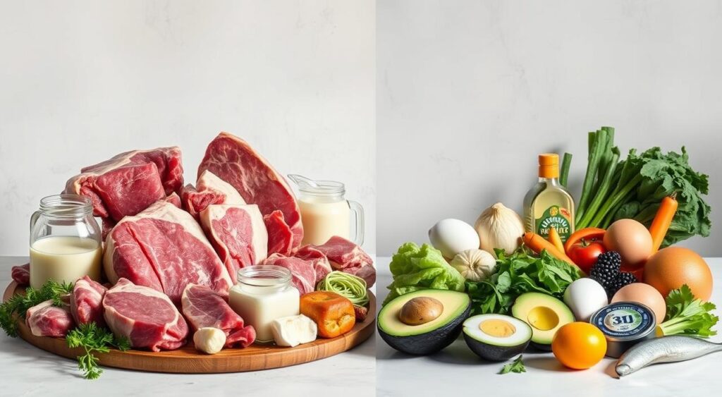 A side-by-side comparison of a carnivore diet and a keto diet, depicted as two distinct still life compositions. In the foreground, the carnivore diet features an assortment of raw meat cuts, bone broth, and dairy products. The keto diet section showcases low-carb vegetables, healthy fats like avocado and olive oil, and high-protein foods like eggs and fish. The middle ground features a neutral backdrop, allowing the contrasting dietary elements to take center stage. Soft, natural lighting casts subtle shadows, creating depth and dimension. The overall mood is one of scientific objectivity, inviting the viewer to thoughtfully consider the differences between these two nutritional approaches.