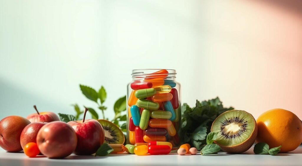 A sleek and minimalist still life photograph showcasing various probiotic supplements for women's gut health. The frame is centered on a glass jar filled with colorful probiotic capsules, accompanied by fresh fruits and vegetables like apples, kiwis, and leafy greens. The lighting is soft and diffused, creating a warm, natural ambiance that emphasizes the health benefits of the probiotics. In the background, a subtle gradient backdrop in soothing shades of blue and green provides a clean, modern aesthetic. The overall composition conveys a sense of balance, wellness, and the importance of probiotics for women's digestive and overall well-being.