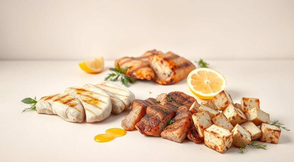 A sleek and modern still life scene of various lean protein sources against a clean, minimalist background. In the foreground, a selection of grilled chicken breasts, seared tuna steaks, and baked tofu cubes are arranged artfully, their textures and colors contrasting beautifully. The middle ground features a few garnishes like fresh herbs, lemon wedges, and a drizzle of olive oil, adding pops of vibrant green and yellow. The background is a soft, neutral-toned surface, allowing the healthy protein options to take center stage. Soft, directional lighting casts gentle shadows, emphasizing the lean, wholesome qualities of the displayed ingredients. The overall mood is one of health, simplicity, and culinary elegance. A sleek and modern still life scene of various lean protein sources against a clean, minimalist background. In the foreground, a selection of grilled chicken breasts, seared tuna steaks, and baked tofu cubes are arranged artfully, their textures and colors contrasting beautifully. The middle ground features a few garnishes like fresh herbs, lemon wedges, and a drizzle of olive oil, adding pops of vibrant green and yellow. The background is a soft, neutral-toned surface, allowing the healthy protein options to take center stage. Soft, directional lighting casts gentle shadows, emphasizing the lean, wholesome qualities of the displayed ingredients. The overall mood is one of health, simplicity, and culinary elegance.
