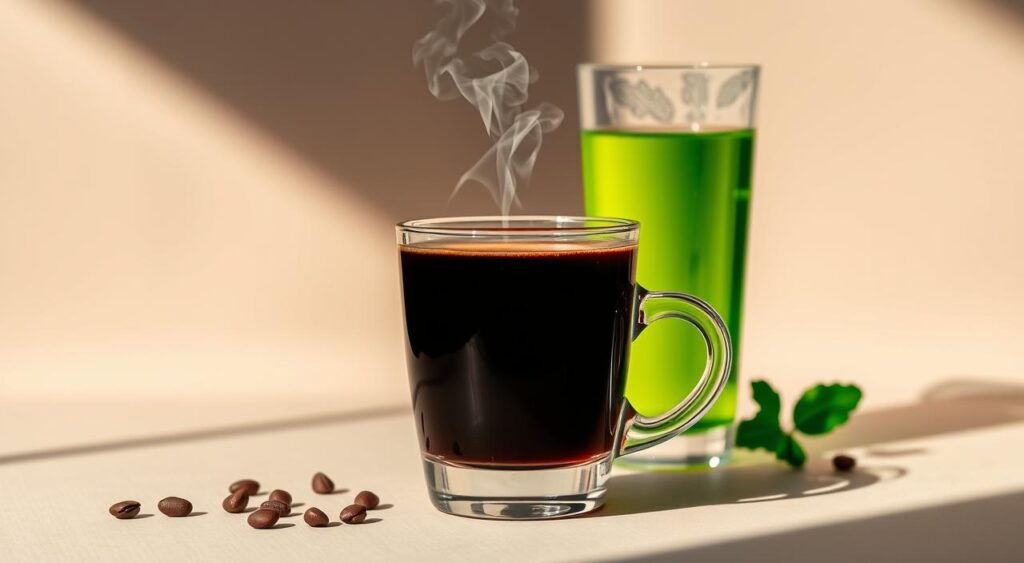 A sleek, minimalist still life composition showcasing two distinct beverages - a steaming cup of rich, dark coffee and a glass filled with vibrant green tea. The coffee cup is positioned in the foreground, its steam gently curling upwards, capturing the aroma and warmth of the caffeinated brew. The green tea glass sits behind it, its verdant hue contrasting beautifully against the dark coffee. Soft, directional lighting from the side casts subtle shadows, adding depth and dimension to the scene. The background is a simple, neutral tone, allowing the two drinks to take center stage. The overall mood is one of calm, contemplation, and the healthful benefits of these two power-packed caffeine sources.