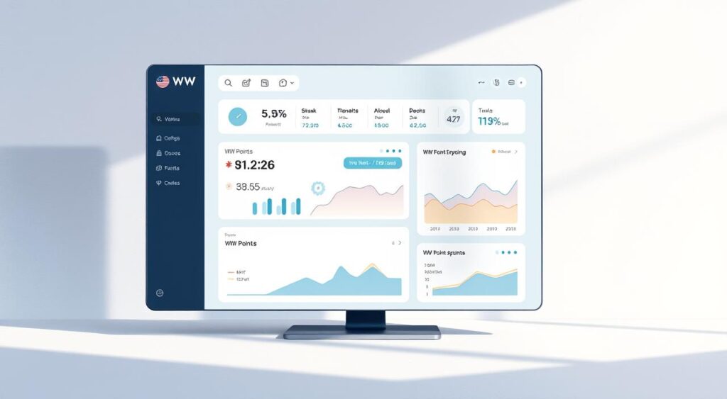 A sleek, modern dashboard displaying a comprehensive WW points tracker. The foreground features a large, central display with a clean, intuitive interface showcasing a user's current WW points balance, progress towards their next milestone, and various tracking metrics. The middle ground includes additional visualization widgets, such as a line graph charting point fluctuations over time and a progress bar highlighting the user's journey. The background subtly incorporates a minimalist, pastel-toned color palette and soft, natural lighting, creating a calming, motivational atmosphere. The overall composition conveys a sense of empowerment, organization, and a user-friendly experience for anyone seeking to optimize their WW points in 2025.