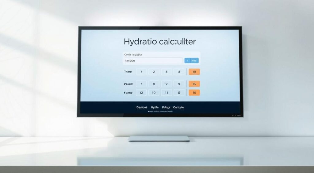 A sleek, modern hydration calculator interface displayed on a high-resolution digital display. The calculator is presented against a minimalist, light-colored background with subtle patterns or textures, creating a clean and professional aesthetic. The interface features intuitive controls, clear numerical readouts, and visual cues to guide the user through the calculation process. Soft, diffused lighting from above casts a gentle glow, highlighting the calculator's design elements. The overall composition emphasizes the simplicity and functionality of the hydration calculator, making it an informative and visually appealing tool for the article's section on 