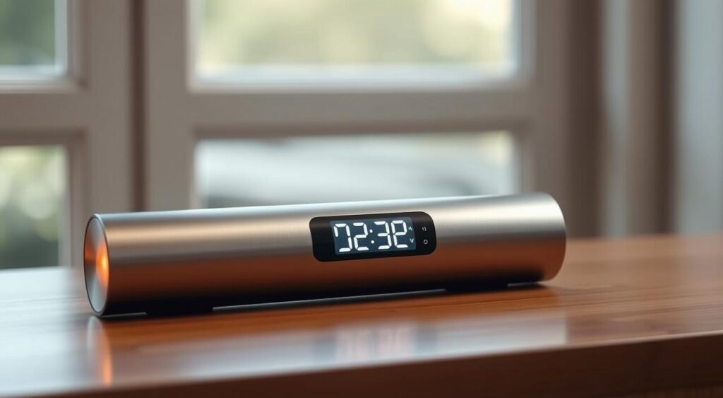 A sleek, modern hydration monitoring tool resting on a minimalist wooden surface. The device features a streamlined, cylindrical design with a softly glowing display showing hydration levels. The brushed metal body reflects the warm lighting, creating a sense of sophistication. In the background, a subtly blurred window allows natural daylight to filter in, creating a calm, serene atmosphere. The overall impression is of a thoughtfully designed, high-quality product that seamlessly integrates technology and wellness, inviting the user to stay mindful of their hydration needs throughout the day.