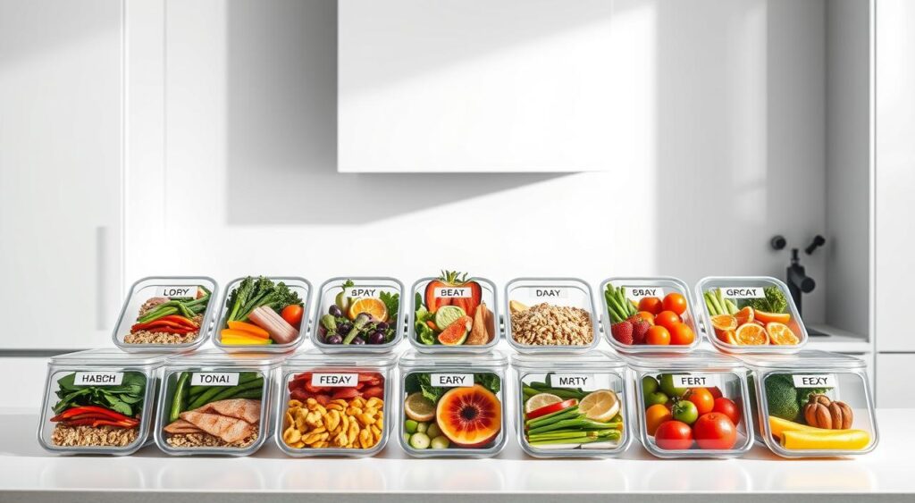 A sleek, modern kitchen countertop arranged with a variety of healthy, colorful meal prep containers, each labeled with the day of the week. The containers hold a balanced assortment of lean proteins, fresh vegetables, whole grains, and vibrant fruits, conveying a sense of a well-planned, nutritious 7-day meal plan. Soft, directional lighting illuminates the scene, casting subtle shadows and highlighting the textures of the food. The arrangement is neatly organized, suggesting a thoughtful, disciplined approach to meal planning for weight loss and metabolic health. The overall mood is clean, minimalist, and inspiring, motivating the viewer to craft their own customized 7-day meal regimen.