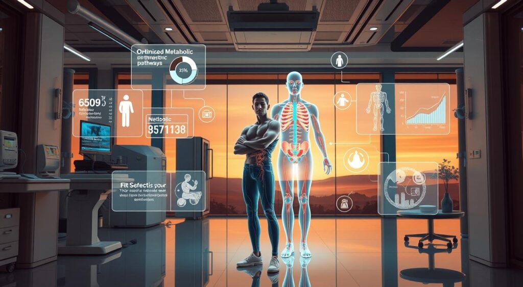 A sleek, modern laboratory setting with state-of-the-art medical equipment and holographic displays showcasing various metabolic processes. In the foreground, a fit, health-conscious individual stands in a thoughtful pose, surrounded by visual representations of optimized metabolic pathways, calorie-burning, and nutritional information. The middle ground features a stylized, three-dimensional model of the human body, highlighting key areas of metabolism regulation. The background depicts a serene, futuristic landscape with a warm, subdued lighting scheme, creating an atmosphere of scientific advancement and personal empowerment.