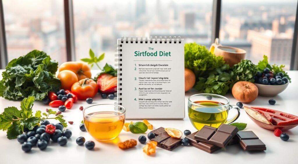 A sleek, modern layout showcasing the key principles of the Sirtfood diet. In the foreground, an arrangement of fresh, vibrant sirtuin-rich ingredients such as kale, blueberries, dark chocolate, and green tea, arranged artfully on a white tabletop. In the middle ground, a spiral-bound journal or booklet displaying the diet's core tenets in a clean, minimalist design. The background features a soft, out-of-focus cityscape, hinting at the urban, health-conscious lifestyle associated with the Sirtfood diet. Lighting is natural and diffused, creating a warm, inviting atmosphere. The overall composition is balanced, symmetrical, and visually appealing, reflecting the scientific principles and disciplined approach of the Sirtfood diet.