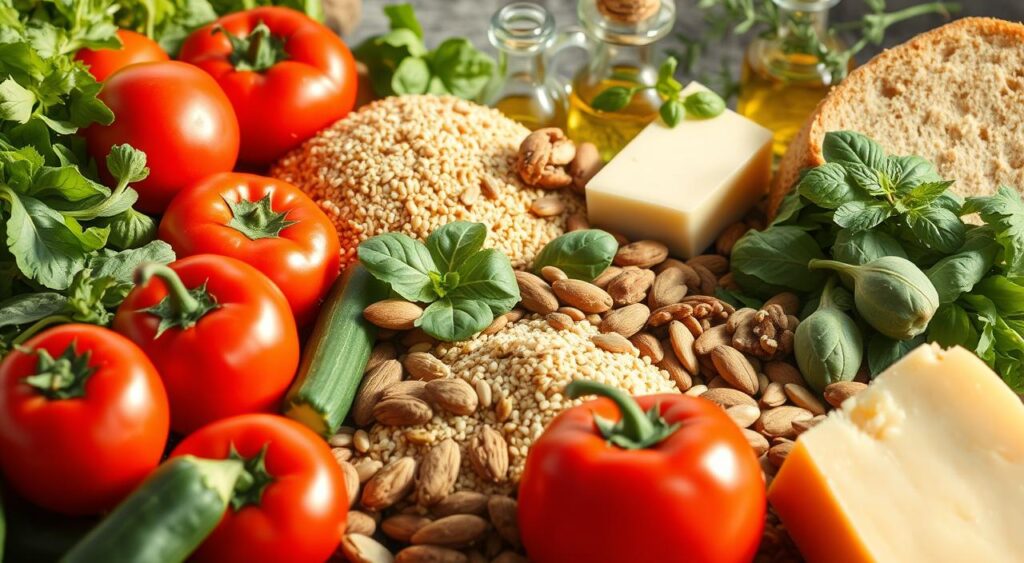 A still life arrangement of Mediterranean diet staples captured in natural lighting. In the foreground, a selection of fresh produce - ripe tomatoes, crisp cucumbers, leafy greens, and vibrant bell peppers. In the middle ground, a selection of whole grains like brown rice, quinoa, and whole wheat bread. Alongside, a variety of heart-healthy nuts and seeds, including almonds, walnuts, and sunflower seeds. In the background, a drizzle of extra virgin olive oil, a wedge of Parmesan cheese, and a few sprigs of fragrant herbs like basil, oregano, and rosemary. The scene conveys a sense of abundance, simplicity, and the vibrant colors and textures of the Mediterranean culinary tradition.