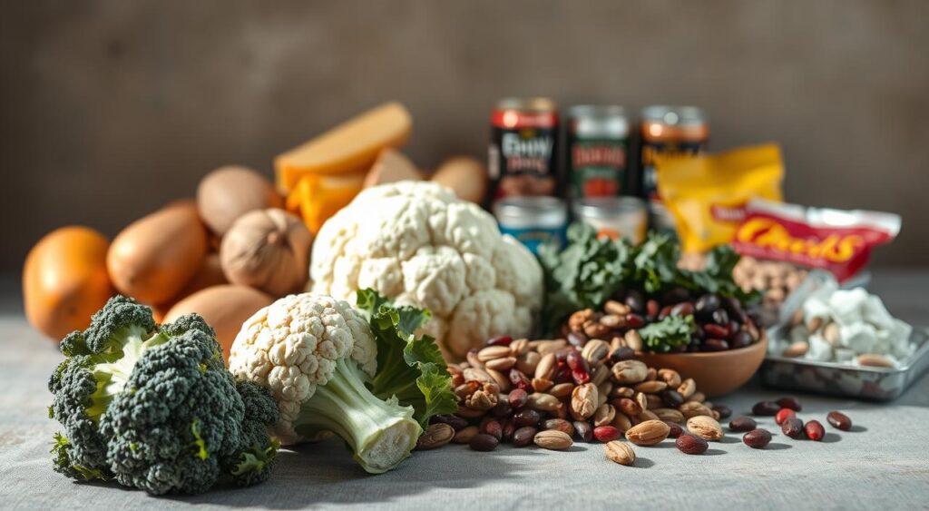 A still life arrangement showcasing a selection of foods that can negatively impact thyroid health. In the foreground, a group of cruciferous vegetables like broccoli, cauliflower, and kale, cast in a soft, natural light. In the middle ground, a variety of nuts, seeds, and dried fruits like walnuts, pumpkin seeds, and dried cranberries. In the background, a scattering of processed foods, canned goods, and sugary snacks, all set against a muted, earthy backdrop to emphasize the contrast. The composition conveys a sense of balance, drawing attention to the thyroid-friendly and thyroid-disrupting elements. The overall mood is one of thoughtful curation, guiding the viewer towards making informed dietary choices for optimal thyroid function.