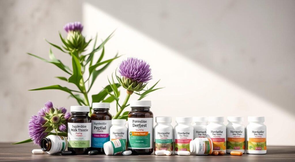 A still life arrangement showcasing milk thistle plant and herbal liver support supplements. The milk thistle with its distinctive green leaves and purple flower heads takes center stage, backlit by soft natural light. In the foreground, an assortment of liver detox supplements, their bottles and capsules arranged neatly. The background features a minimalist, neutral-toned backdrop, allowing the natural elements and supplements to be the focal point. The overall composition conveys a sense of wellness, natural healing, and the potential benefits of these key ingredients for liver health and detoxification.
