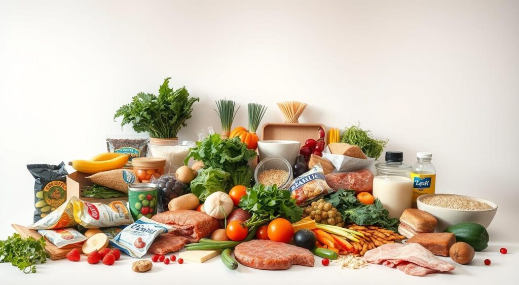 A still life composition showcasing various foods to limit for a balanced flexitarian diet, set against a clean, minimalist backdrop. In the foreground, an assortment of processed snacks, sugary beverages, and high-fat meats arranged in a scattered, haphazard manner. In the middle ground, a selection of healthier options like leafy greens, vegetables, whole grains, and lean proteins neatly organized. The background features a plain, white surface with soft, natural lighting from an overhead source, creating a serene and informative atmosphere. The overall composition conveys the concept of moderation and mindful consumption for optimal health benefits.