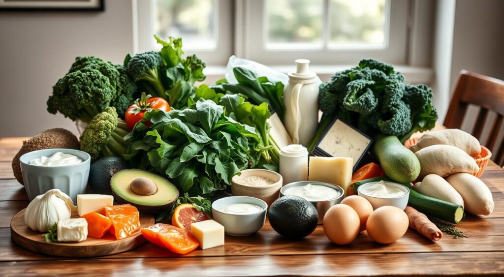 A still life image showcasing the essential foods for a keto diet. On a wooden table, arrange a variety of low-carb vegetables like broccoli, spinach, zucchini, and avocado. Place high-fat dairy products such as cheese, heavy cream, and butter alongside. Include protein sources like salmon, chicken, and eggs. Arrange the items in a visually appealing manner, with natural lighting from a window casting a warm glow. Use a shallow depth of field to focus the viewer's attention on the foreground elements. Convey a sense of healthy abundance and culinary elegance suitable for a keto-friendly meal plan.