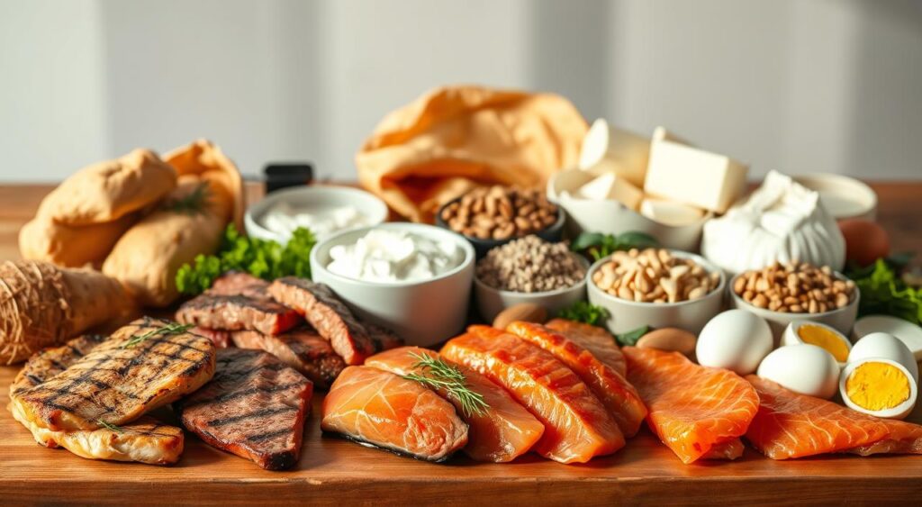 A still life photography scene of various high-protein foods arranged on a wooden table, in natural lighting with a soft, diffused glow. In the foreground, a selection of lean meats like grilled chicken breasts, grass-fed beef, and wild-caught salmon fillets. In the middle ground, an array of protein-rich dairy products like Greek yogurt, cottage cheese, and hard-boiled eggs. In the background, a scattering of legumes, nuts, and seeds such as lentils, almonds, and chia. The composition is balanced and visually appealing, highlighting the diverse range of nutritious, high-protein ingredients.