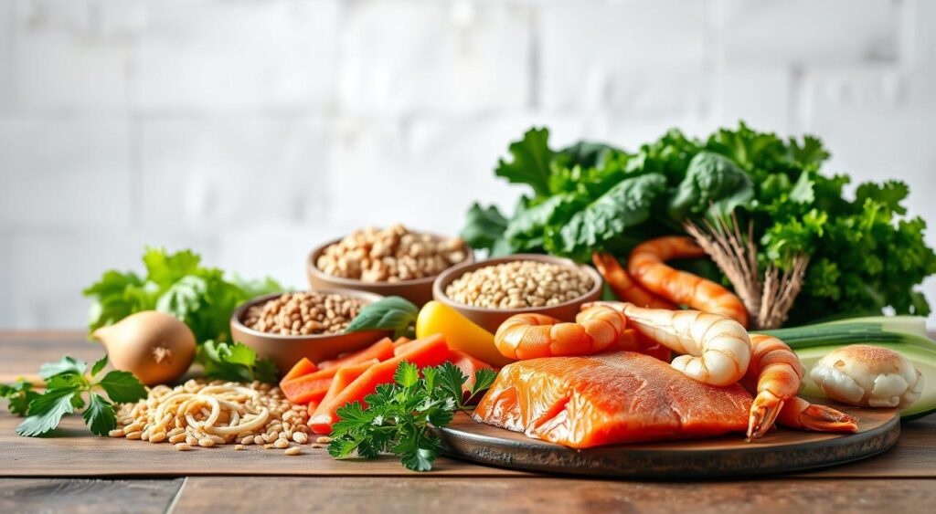 A still life scene depicting the essential nutrients of a pescatarian diet. In the foreground, an assortment of fresh seafood including salmon, tuna, shrimp, and scallops, arranged artfully on a wooden table. In the middle ground, a variety of leafy greens, vegetables, and whole grains such as quinoa, brown rice, and lentils. The background features a clean, bright, natural lighting, with a soft, airy atmosphere to highlight the nutritious, wholesome nature of the pescatarian lifestyle. The composition emphasizes the balanced, diverse, and nourishing elements of this plant-forward, seafood-centric diet.