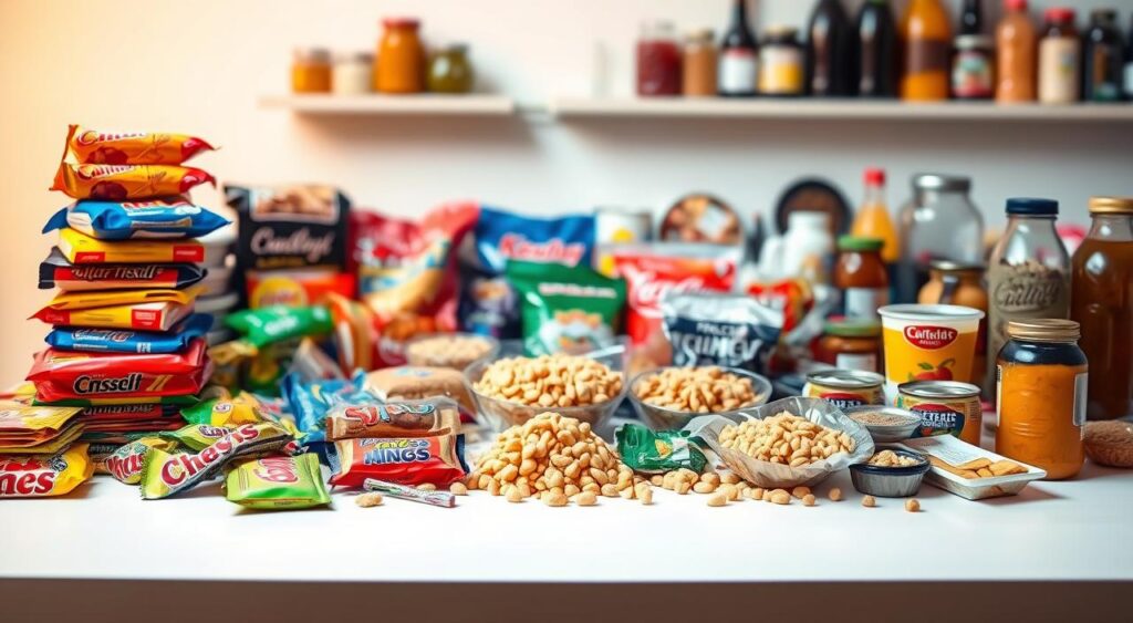 A still-life scene of an assortment of processed foods on a plain white background, illuminated by warm, natural lighting. In the foreground, a stack of colorful candy bars, bags of potato chips, and sugary cereal boxes. In the middle ground, a variety of prepackaged snacks, frozen meals, and canned goods. In the background, blurred jars of preserves, bottles of soda, and other highly processed food products. The scene conveys the overwhelming presence of processed foods in modern diets, with a sense of sterility and lack of fresh, whole ingredients.