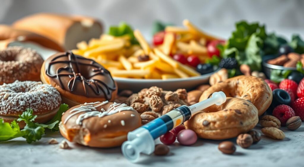 A still life scene of forbidden foods for an insulin resistance diet. In the foreground, a selection of high-carb, sugary treats - doughnuts, cookies, and candy. Placed among them, a syringe symbolizing insulin injections. In the middle ground, a plate of white bread, pasta, and french fries. In the background, hazy and out-of-focus, a collection of healthier options like leafy greens, berries, and nuts. The lighting is soft and natural, highlighting the contrast between the tempting unhealthy foods and the more nutritious alternatives. The overall mood is one of temptation and discipline, as the viewer is encouraged to avoid the forbidden items and choose wisely for an insulin-friendly diet.
