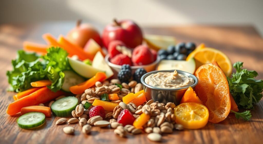 A stylized close-up image of a variety of healthy snacks for people with diabetes, arranged artfully on a wooden table. In the foreground, we see colorful sliced vegetables like carrot, cucumber, and bell pepper, accompanied by nuts, seeds, and a small bowl of hummus. In the middle ground, there are pieces of fresh fruit like apple, berries, and orange slices. The background is softly blurred, with natural lighting creating warm, diffused shadows and highlights across the scene. The overall mood is one of simplicity, nourishment, and balanced blood sugar management. A stylized close-up image of a variety of healthy snacks for people with diabetes, arranged artfully on a wooden table. In the foreground, we see colorful sliced vegetables like carrot, cucumber, and bell pepper, accompanied by nuts, seeds, and a small bowl of hummus. In the middle ground, there are pieces of fresh fruit like apple, berries, and orange slices. The background is softly blurred, with natural lighting creating warm, diffused shadows and highlights across the scene. The overall mood is one of simplicity, nourishment, and balanced blood sugar management.