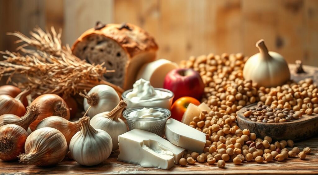 A sumptuous still life of high-FODMAP foods, bathed in warm, natural lighting and captured with a crisp, high-resolution lens. In the foreground, a vibrant array of onions, garlic, wheat bread, and apples command attention. The middle ground features a selection of high-lactose dairy products, including creamy yogurt and soft cheese. In the background, a scattering of legumes, such as chickpeas and lentils, adds depth and complexity to the composition. The overall scene conveys a sense of abundance and indulgence, tempered by a subtle hint of caution, as these ingredients are best avoided on a low-FODMAP diet.