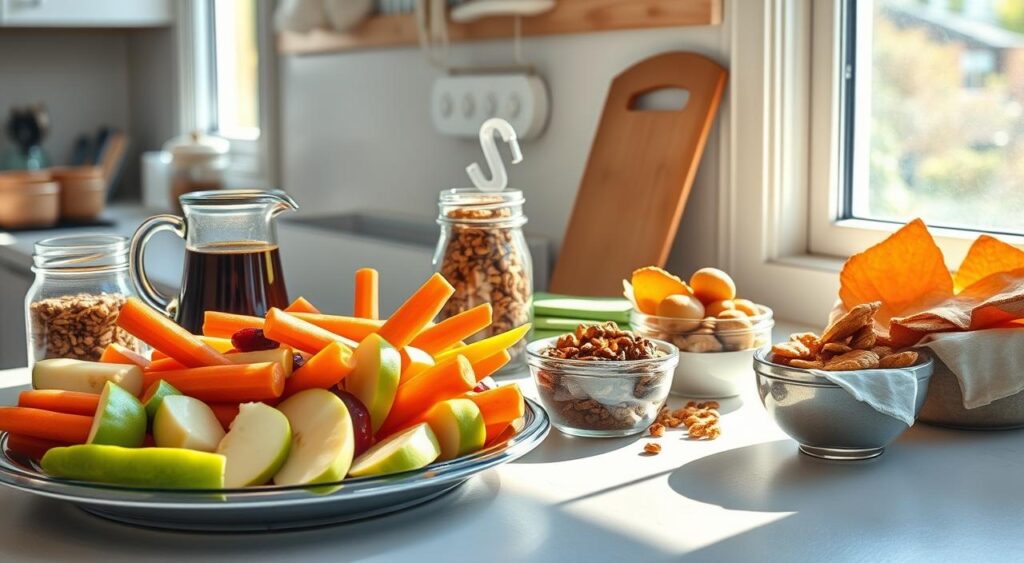 A sun-dappled kitchen counter, adorned with a vibrant array of mid-morning snacks. In the foreground, a platter brimming with sliced apples, crisp carrot sticks, and a selection of dried fruit. Beside it, a glass jar filled with crunchy granola and a small bowl of roasted nuts. A carafe of freshly brewed coffee steams gently, its aroma mingling with the earthy scent of whole grain crackers. The mid-morning light filters through the window, casting a warm glow over the scene, inviting the viewer to pause and savor the nourishing treats. The overall mood is one of wholesome simplicity, providing a delightful boost of energy and sustenance to power through the day.