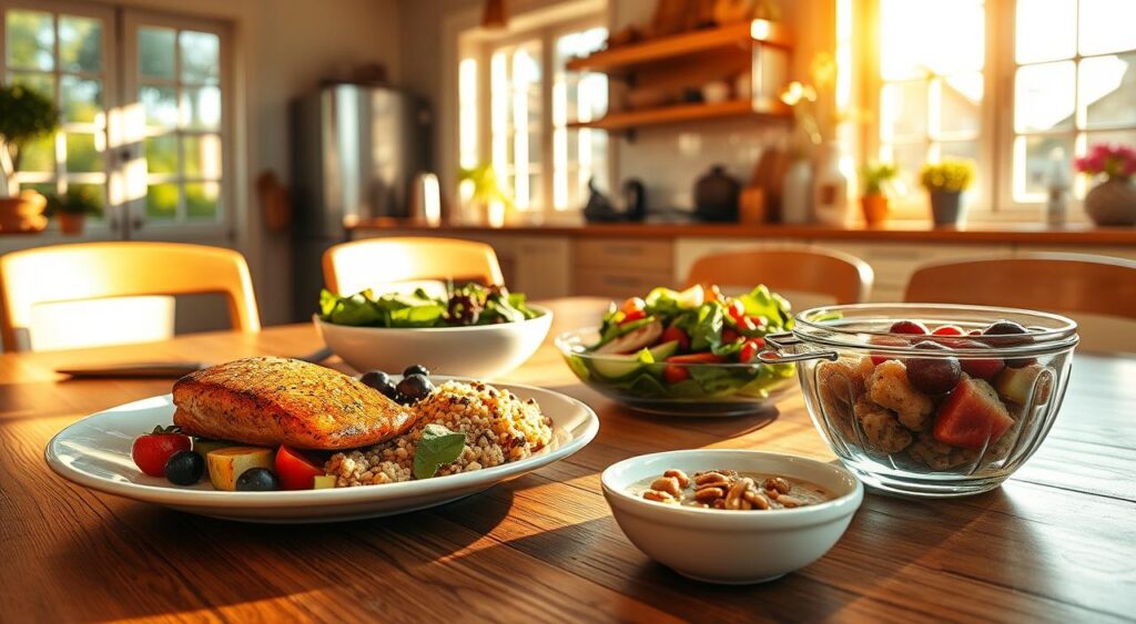 A sun-dappled kitchen table with a bountiful spread of balanced meals: a plate of grilled salmon, roasted vegetables, and quinoa; a salad of leafy greens, avocado, and cherry tomatoes; a bowl of overnight oats with fresh berries and nuts. Warm natural light filters through large windows, casting a golden glow on the nourishing fare. The atmosphere is serene, inviting, and radiates energy-boosting vitality. Captured with a wide-angle lens to showcase the harmonious composition of this wholesome tableau.