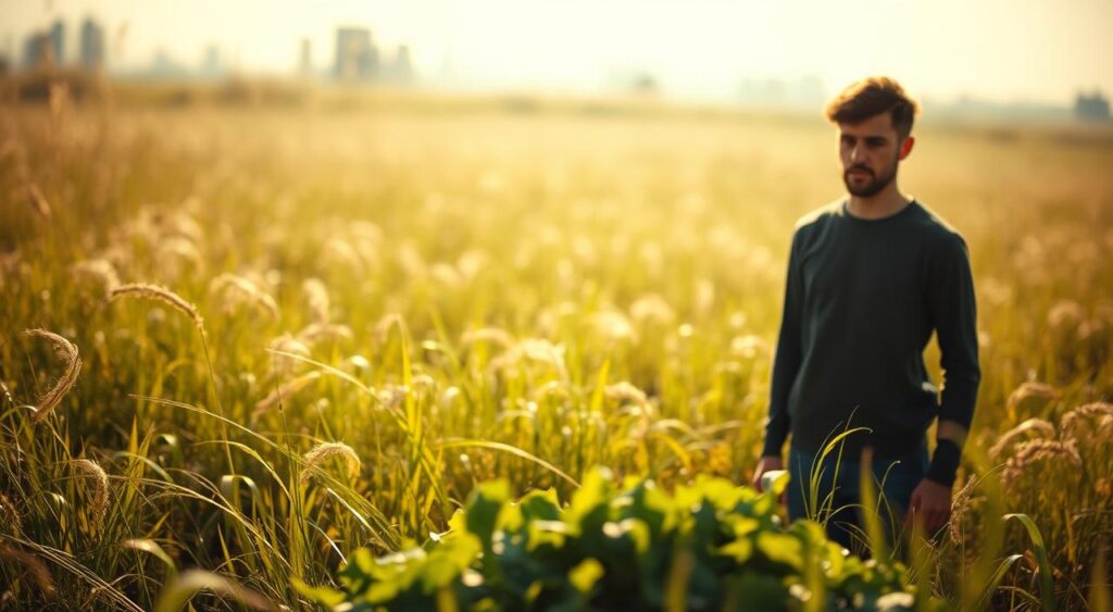 A sun-dappled meadow, a lone figure stands amidst the swaying grasses, a contemplative expression on their face. In the foreground, a pile of vibrant, leafy greens - the supposed 