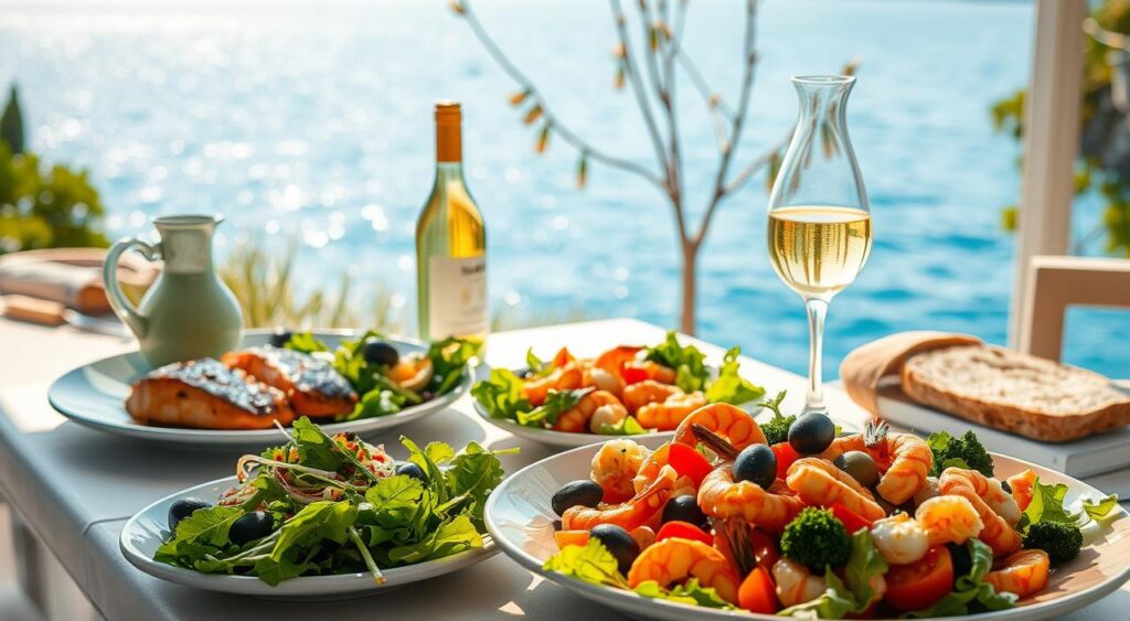 A sun-drenched Mediterranean landscape, with a table set outdoors overlooking a sparkling azure sea. In the foreground, an array of vibrant, fresh seafood dishes - grilled salmon, sautéed shrimp, and a crisp, colorful salad brimming with olives, tomatoes, and leafy greens. A carafe of chilled white wine and crusty bread complete the scene, evoking the healthy, flavorful essence of the pescatarian diet. Soft, diffused lighting casts a warm, inviting glow, while the camera captures the scene from a slightly elevated angle, showcasing the breathtaking coastal vista in the background.