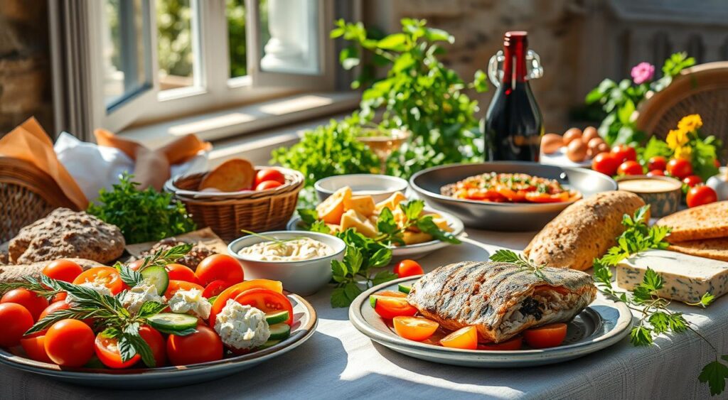 A sun-drenched Mediterranean table, adorned with a vibrant array of fresh produce. In the foreground, a platter showcases a selection of ripe tomatoes, crisp cucumbers, and fragrant herbs. Surrounding it, an assortment of whole-grain breads, creamy hummus, and tangy feta cheese. In the middle ground, a sizzling pan of grilled fish, its delicate flesh flaking apart at the touch of a fork. In the background, a glass carafe of deep ruby-red wine and a scattering of lush, leafy greens. Soft, natural lighting filters through an open window, casting a warm, inviting glow over the scene. A sense of leisurely alfresco dining, where flavors mingle and conversation flows, capturing the essence of a nourishing Mediterranean meal.