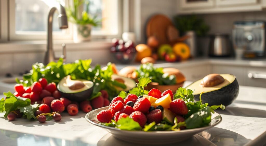 A sun-drenched kitchen counter, adorned with an array of whole foods - crisp greens, vibrant berries, and creamy avocado. In the foreground, a plate showcases a balanced meal, reflecting the principles of the Whole30 reintroduction phase. Soft, natural lighting highlights the textures and colors, creating a serene, inviting atmosphere. The scene exudes a sense of mindfulness and well-being, capturing the essence of this transitional stage in the Whole30 journey.