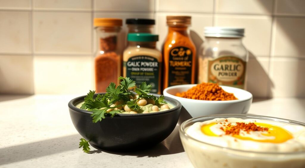 A sunlit kitchen counter displays a selection of healthy dips and seasonings for diabetics. In the foreground, a creamy white bean dip is garnished with fresh parsley and a sprinkle of smoked paprika. Beside it, a vibrant green avocado-based dip is highlighted by a drizzle of olive oil and a pinch of ground cumin. In the middle ground, jars of dried herbs and spices, such as garlic powder, onion flakes, and turmeric, provide flavorful accents. The background features a neutral-toned backsplash, casting a warm, inviting glow over the scene. The lighting is soft and natural, creating depth and texture. The overall mood is one of culinary simplicity and wellness.
