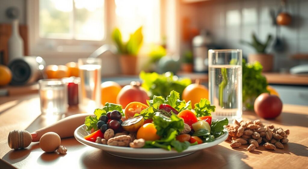A sunlit kitchen countertop, filled with an array of whole foods - fresh vegetables, fruits, nuts, and a glass of water. In the foreground, a plate showcases a variety of colorful, nutrient-dense ingredients, signifying a balanced, whole-food based diet. The middle ground features a person's hands gently preparing a meal, symbolizing the transition from a restrictive ketogenic diet to a more sustainable, nourishing way of eating. The background subtly hints at a serene, natural environment, conveying a sense of balance and well-being. Soft, warm lighting casts a calming glow, creating an atmosphere of mindfulness and self-care during this transition.