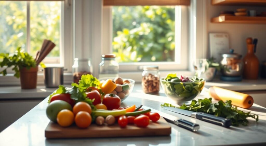 A sunny kitchen counter, filled with fresh produce and kitchen tools. In the foreground, a cutting board with a variety of colorful vegetables and a sharp knife, suggesting the preparation of a flexitarian meal. Midground, a bowl of mixed greens, a jar of nuts, and a glass of water, hinting at the balance and variety of a flexitarian diet. In the background, a window overlooking a lush, green garden, creating a calming, natural atmosphere. Soft, warm lighting illuminates the scene, emphasizing the wholesome, homemade nature of flexitarian cuisine. The overall mood is one of simplicity, health, and a welcoming invitation to explore the flexitarian lifestyle.