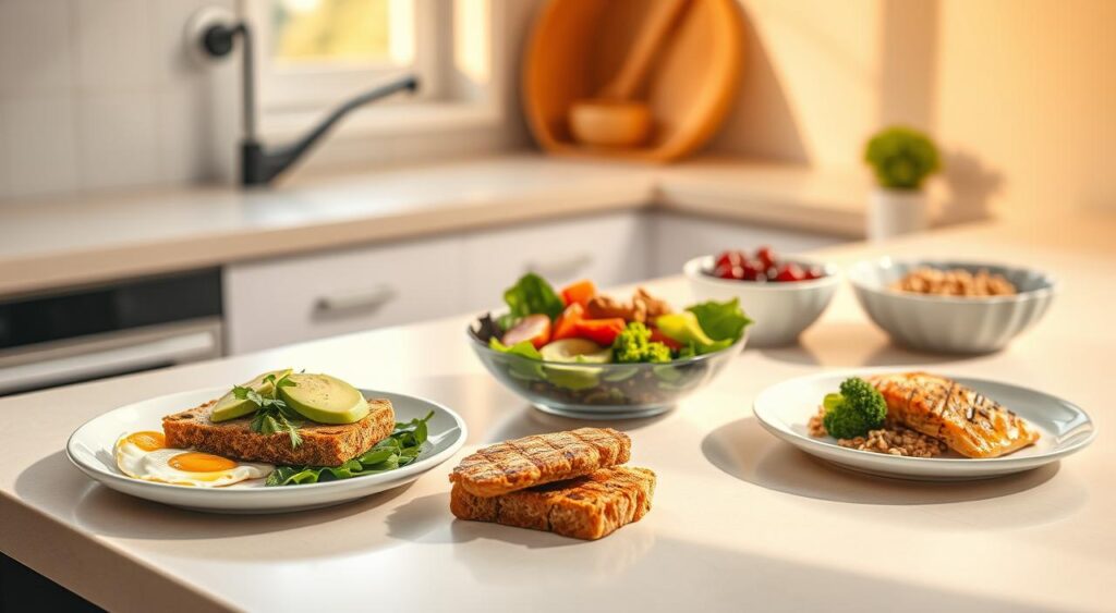 A sunny kitchen counter with a variety of small, balanced meals artfully arranged in modern plates and bowls. In the foreground, a healthy breakfast of scrambled eggs, avocado, and whole grain toast. In the middle, a vibrant salad with grilled chicken, mixed greens, and roasted vegetables. In the background, a portion-controlled snack of Greek yogurt, berries, and granola, and a lean protein lunch of grilled fish, quinoa, and steamed broccoli. Warm, natural lighting casts a soft glow, emphasizing the freshness and nourishment of these smaller, more frequent meals. A clean, minimalist aesthetic suggests the efficiency and organization of this healthy eating approach.