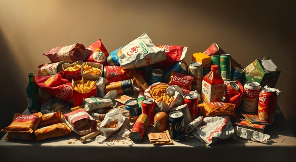 A table overflowing with highly processed foods - bags of chips, soda cans, fast-food wrappers, and more. The items appear distorted and exaggerated, almost looming ominously. The background is a muted, neutral color, drawing the eye to the unhealthy, cluttered foreground. Dim, warm lighting casts long shadows, creating a sense of unease. The overall mood is one of excess, caution, and the need to limit these types of foods for a healthier lifestyle.