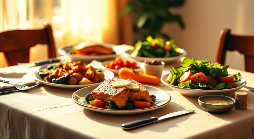 A table set with a variety of diabetic-friendly dinner options, including baked salmon, roasted vegetables, and a green salad. The table is illuminated by warm, natural lighting, creating a cozy and inviting atmosphere. The dishes are arranged with care, showcasing the balanced macronutrients and visual appeal of a healthy diabetic meal plan. The table is set against a softly blurred background, drawing the viewer's focus to the delectable spread. The overall mood is one of nourishment, wellness, and the pleasure of mindful, nutritious eating. A table set with a variety of diabetic-friendly dinner options, including baked salmon, roasted vegetables, and a green salad. The table is illuminated by warm, natural lighting, creating a cozy and inviting atmosphere. The dishes are arranged with care, showcasing the balanced macronutrients and visual appeal of a healthy diabetic meal plan. The table is set against a softly blurred background, drawing the viewer's focus to the delectable spread. The overall mood is one of nourishment, wellness, and the pleasure of mindful, nutritious eating.