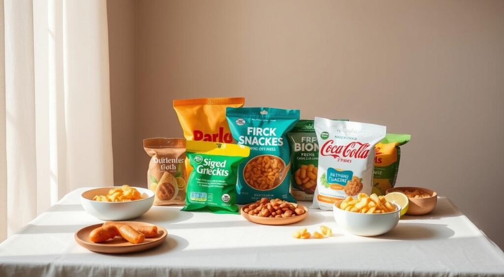 A table with various portion-controlled diabetic snacks, arranged in a clean, minimalist style. The snacks are presented against a soft, neutral background, with gentle natural lighting from the side, creating a warm, inviting atmosphere. The focus is on the different snacks, each clearly visible and easily identifiable, showcasing the variety of healthy, portion-controlled options available for diabetes management. The overall composition conveys a sense of balance, organization, and the importance of mindful snacking for maintaining stable blood glucose levels.