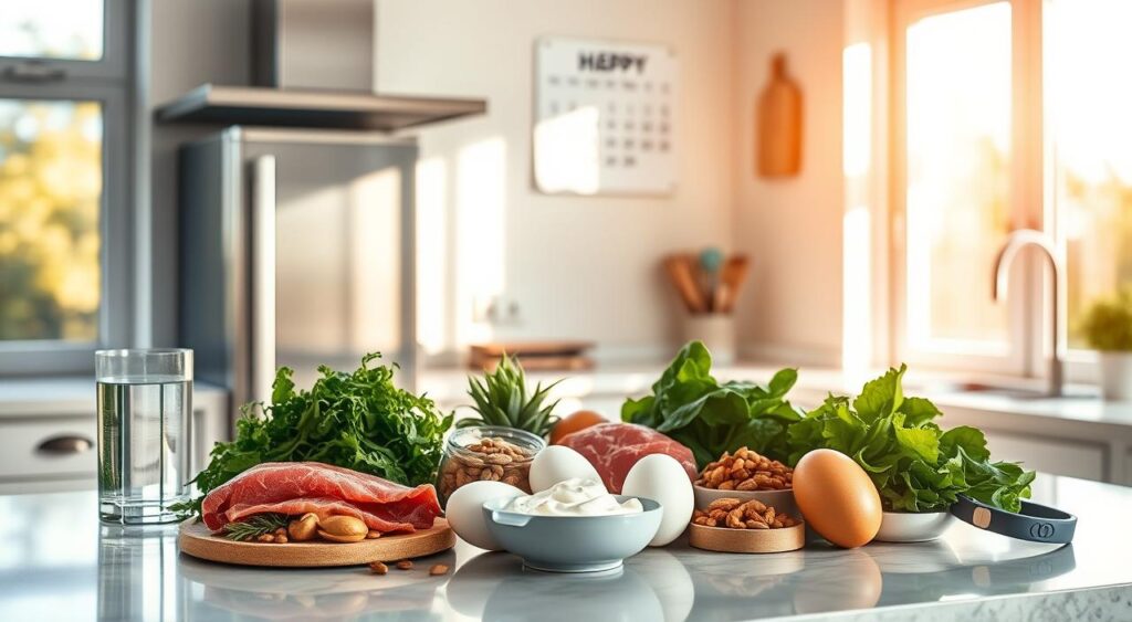 A tranquil kitchen countertop, bathed in warm, natural light streaming through large windows. On the surface, a variety of fresh, high-protein ingredients are neatly arranged - lean meats, eggs, Greek yogurt, nuts, and leafy greens. A glass of water and a fitness tracker sit nearby, hinting at a health-conscious lifestyle. In the background, a sleek, modern appliance reflects the scene, while a minimalist wall calendar marks the start of a new dietary journey. The overall atmosphere exudes a sense of focus, discipline, and a commitment to personal wellness.