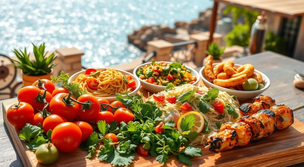 A vibrant and appetizing display of Mediterranean diet recipes, showcased against a rustic, sun-drenched backdrop. In the foreground, an assortment of fresh, colorful ingredients - sun-ripened tomatoes, crisp greens, fragrant herbs, and flavorful spices - artfully arranged on a wooden cutting board. In the middle ground, several delectable dishes - a hearty pasta primavera, a vibrant Greek salad, and a sizzling seafood skewer - all capturing the essence of the Mediterranean culinary tradition. The background features a picturesque coastal scene, with glistening azure waters, weathered stone walls, and a glimpse of a sun-dappled terrace, evoking a sense of relaxation and al fresco dining. The lighting is warm and natural, casting a golden glow over the entire composition, while the lens captures a slightly angled, close-up perspective, drawing the viewer into the inviting and mouthwatering display.