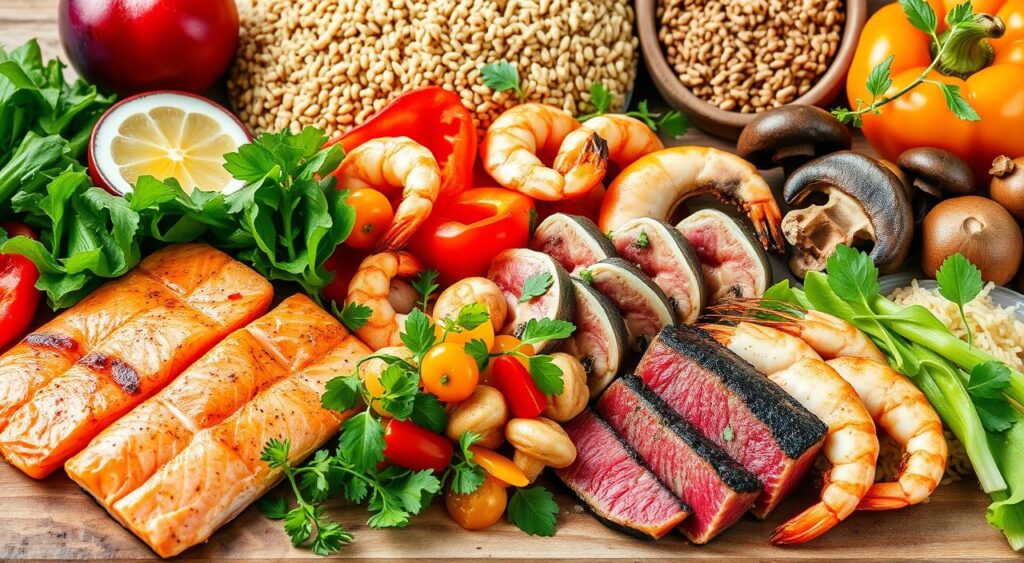 A vibrant and appetizing still life arrangement showcasing the key elements of a pescatarian diet. In the foreground, a selection of fresh seafood including grilled salmon, seared tuna steaks, and succulent shrimp. Surrounding the seafood, an array of colorful vegetables such as crisp greens, vibrant bell peppers, and earthy mushrooms. In the background, whole grains like quinoa and brown rice, complemented by a drizzle of fragrant olive oil and a scattering of herbs. The lighting is soft and natural, enhancing the textural details and rich colors of the scene. The overall composition conveys a sense of health, balance, and the bountiful benefits of a pescatarian lifestyle.