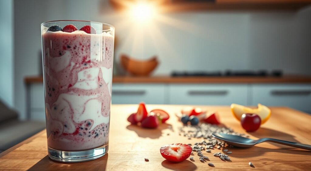 A vibrant and creamy high-protein breakfast shake swirling with nutritious ingredients. In the foreground, a glass filled with a thick, luscious smoothie made with a blend of whey or plant-based protein powder, Greek yogurt, fresh berries, and a splash of almond milk. Sunlight streams through the glass, casting a warm glow on the mixture. In the middle ground, scattered across a wooden table, are additional fresh fruit slices, a sprinkling of chia seeds, and a metal spoon, hinting at the wholesome and satisfying nature of this breakfast option. The background features a clean, minimalist kitchen setting with muted tones, allowing the vibrant shake to take center stage. The overall scene conveys a sense of health, vitality, and a perfectly balanced, high-protein start to the day.
