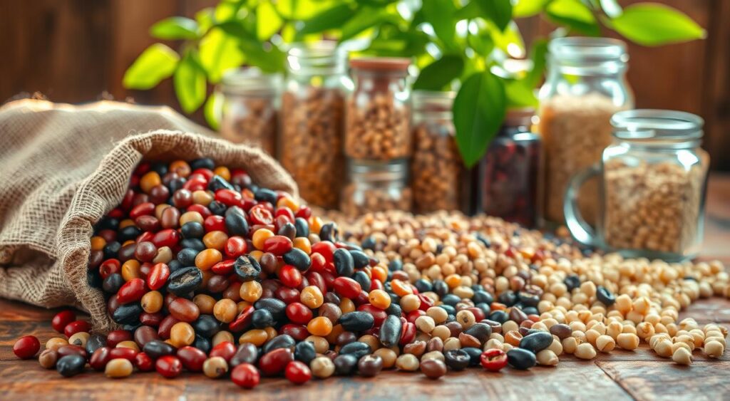 A vibrant and nourishing still life depicting an assortment of beans and legumes, beautifully arranged on a rustic wooden table. In the foreground, a mix of kidney, pinto, and black beans spill out from burlap sacks, their rich colors glistening under warm, natural lighting. In the middle ground, various lentils, chickpeas, and split peas are carefully displayed in glass jars, their translucent qualities adding depth and texture to the scene. In the background, a verdant, leafy plant frames the composition, hinting at the inherent connection between these humble legumes and the natural world. The overall mood is one of abundance, health, and the profound importance of these versatile, nutrient-dense foods.