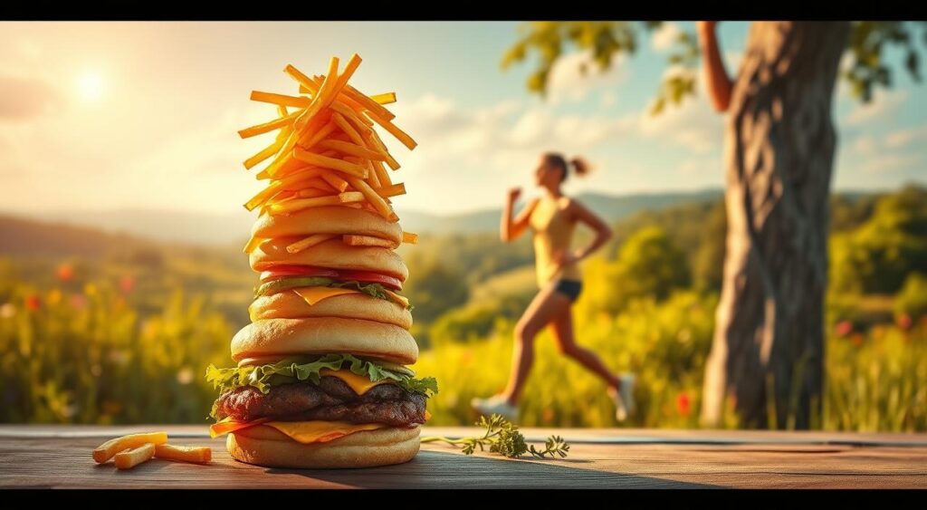 A vibrant and thought-provoking scene depicting common myths about the ketogenic diet. In the foreground, a towering stack of burger and fries represents the misconception that the diet is restrictive and unhealthy. In the middle ground, a person exercising vigorously dispels the myth that keto is only for sedentary individuals. In the background, a lush, verdant landscape suggests the diet's potential benefits for overall wellness. The scene is bathed in warm, golden lighting, creating a serene and contemplative atmosphere. Captured with a wide-angle lens to emphasize the depth and complexity of the image.