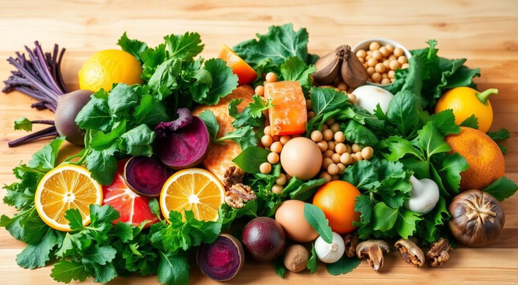 A vibrant, appetizing arrangement of liver-supporting superfoods, meticulously composed in a visually balanced and harmonious still life. In the foreground, an array of fresh green leafy vegetables, including kale, spinach, and arugula, interspersed with vibrant red beets, juicy citrus fruits, and crunchy walnuts. The middle ground features a selection of protein-rich foods like salmon, eggs, and chickpeas, complemented by earthy mushrooms and garlic. The background showcases a wooden table or cutting board, with warm, soft lighting gently illuminating the scene, creating a soothing, natural atmosphere that invites the viewer to savor the nourishing, liver-friendly bounty.