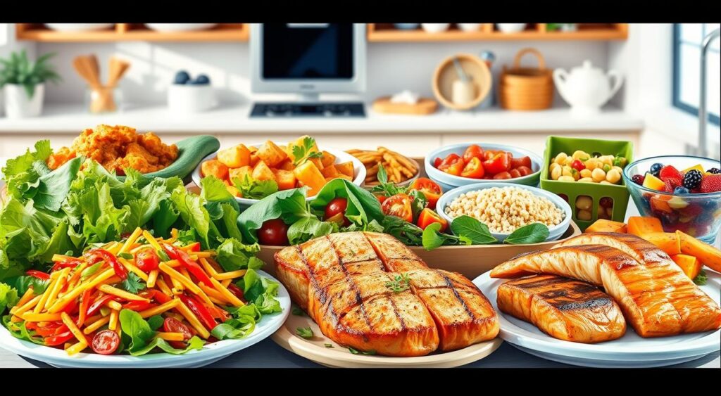 A vibrant, appetizing arrangement of various DASH diet recipes, showcasing a diverse selection of healthy, whole-food-based dishes. The foreground features an assortment of freshly prepared meals, including a hearty vegetable stir-fry, a crisp green salad, and a juicy grilled salmon fillet. The middle ground showcases an array of complementary side dishes, such as roasted sweet potatoes, quinoa, and a refreshing fruit salad. The background depicts a clean, modern kitchen setting with natural lighting, highlighting the nourishing and delectable nature of these DASH-approved culinary creations. The overall scene conveys a sense of balance, vitality, and culinary delight, perfectly capturing the essence of the 