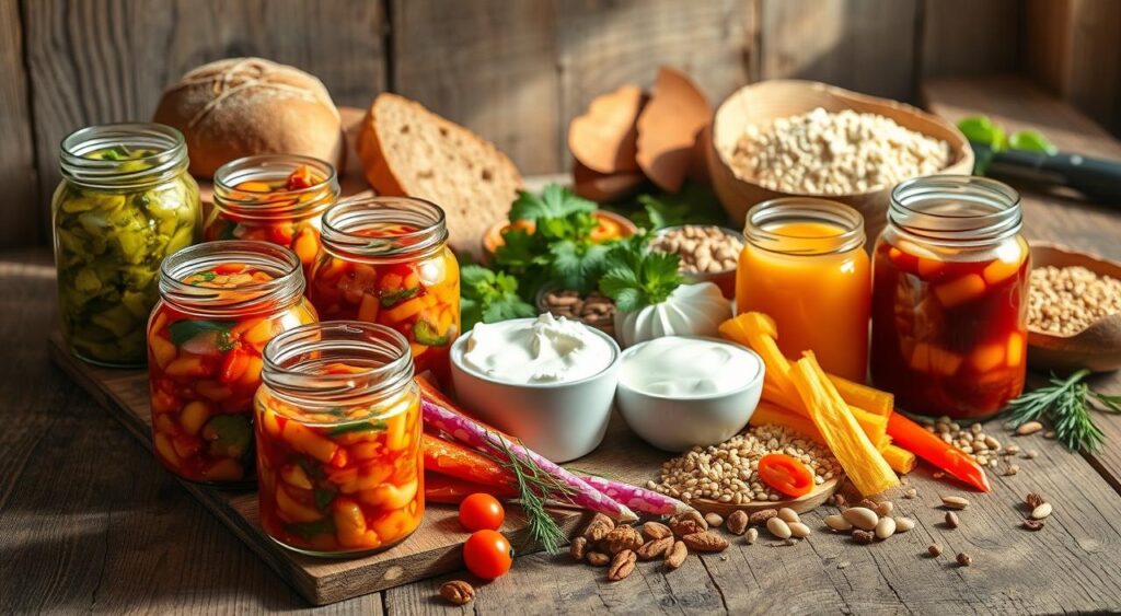 A vibrant arrangement of fermented foods on a rustic wooden table, illuminated by soft, natural light. In the foreground, a selection of kimchi, sauerkraut, and pickled vegetables in glass jars, their vibrant colors and textures inviting closer inspection. In the middle ground, a platter of probiotic-rich yogurt, kefir, and cottage cheese, garnished with fresh herbs. The background features a selection of sourdough bread, whole grains, and a variety of nuts and seeds, hinting at the diverse nutritional benefits of this gut-healthy spread. The overall scene conveys a sense of wellness, balance, and the nourishing power of fermented foods.