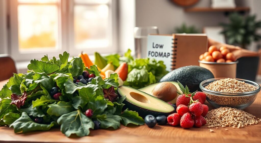 A vibrant, carefully composed image showcasing the key elements of a low-FODMAP diet. In the foreground, an assortment of low-FODMAP friendly foods - leafy greens, berries, avocado, and gluten-free grains - arranged artfully on a wooden table. The middle ground features a glass of water and a notebook with 